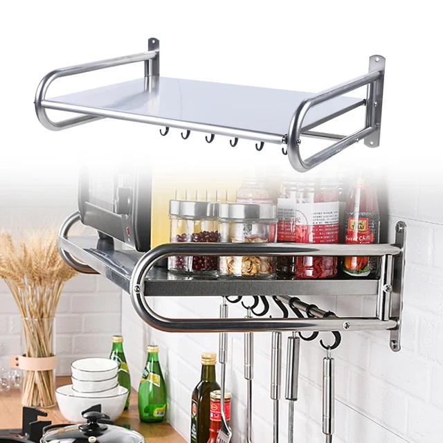 GOTOTOP Magnetronhouder, wandmontage, aluminium, 2 etages, opbergorganizer met 10 haken voor keuken, 55 x 38,5 x 25 cm