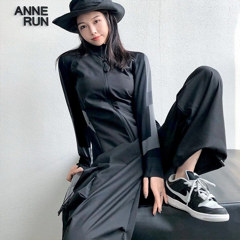 Annerun 원활한 니트 패치 워크 방풍 스웨트 셔츠 야외 요가 아우터웨어 지퍼 탑 소프트 쉘 재킷