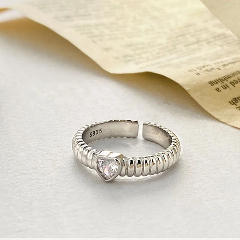 

100% 925 Sterling Silver Zircon Love Heart Open Ring for Women Girl Fashion Thread Design Jewelry Birthday Gift Dropshipping