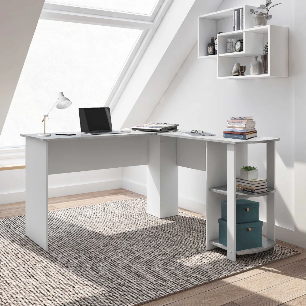 

Modern L-Shaped Desk with Side Shelves, Grey Office Desk