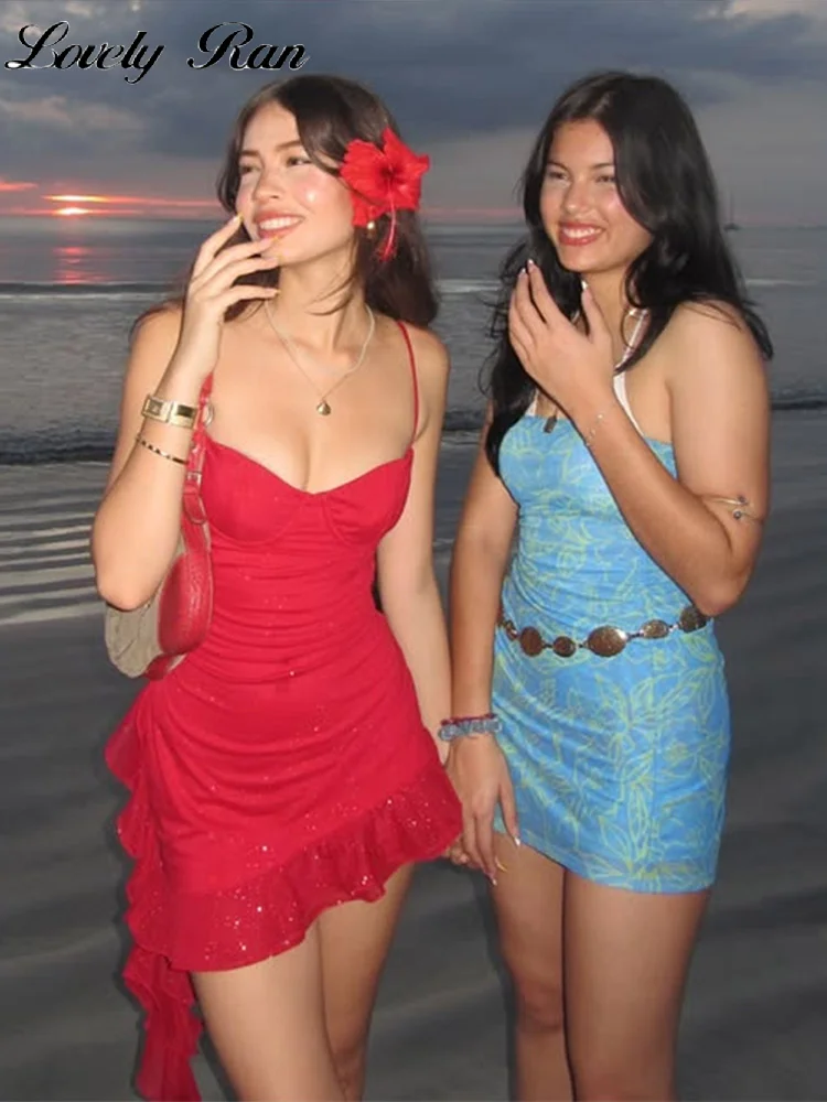 Sexy Ruffle Sling Dress Women Red Beach Sleeveless Backless Mini Female Dresses 2025 Spring Summer Lady Vacation Party Robe 6
