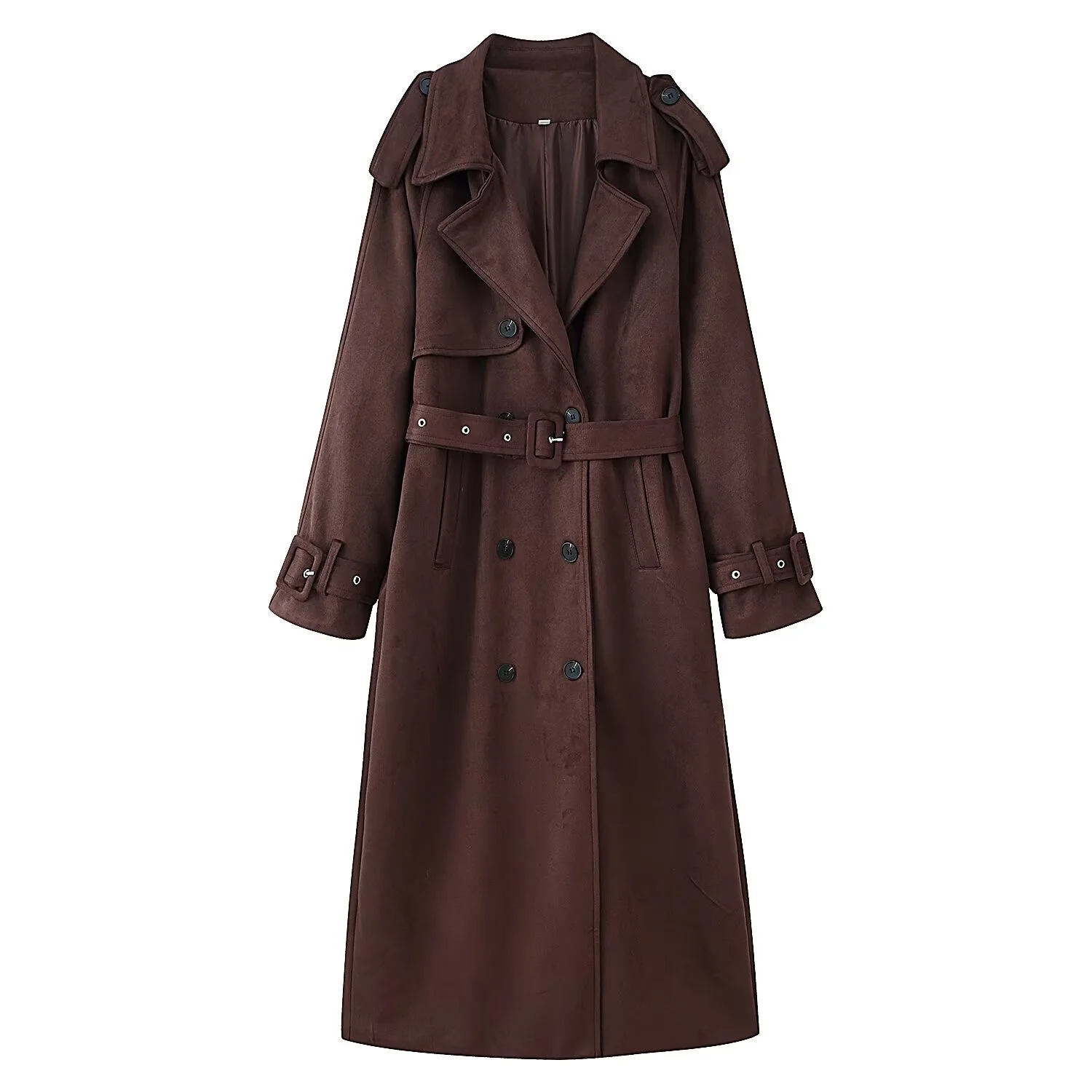 Women Retro Solid Suede Long Trench Coat With Belt Lapel Double-Breasted Jacket With Pockets Autumn Winter New Lady Long Outwear