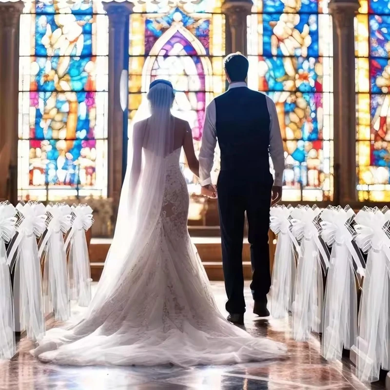 1/4pcs Large White Wedding Bow with Long Tulle Tails for Church Aisle Chair Wedding Car Decoration Festival Party Decor Supplies