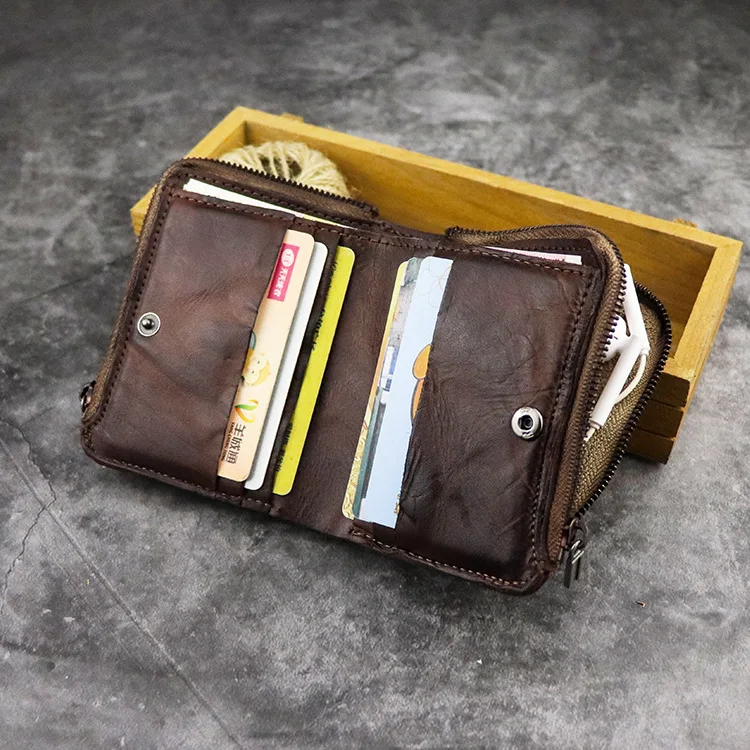 Vintage Double Zipper Large Capacity Wallet with Multiple Card Slots in Vegetable-Tanned Leather