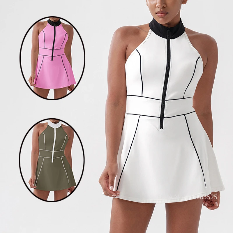 Summer Women Tennis Dress Sleeveless Zipper front Fitness Dress Ladies Running Slimming Soft Sports Yoga Skirt