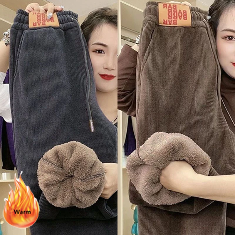 Women Warm Lambwool Sweatpants 2024 Korean Fashion Drawstring Wasit Winter Trousers Ladies Vintage Fleece Lined Harem Pantalones