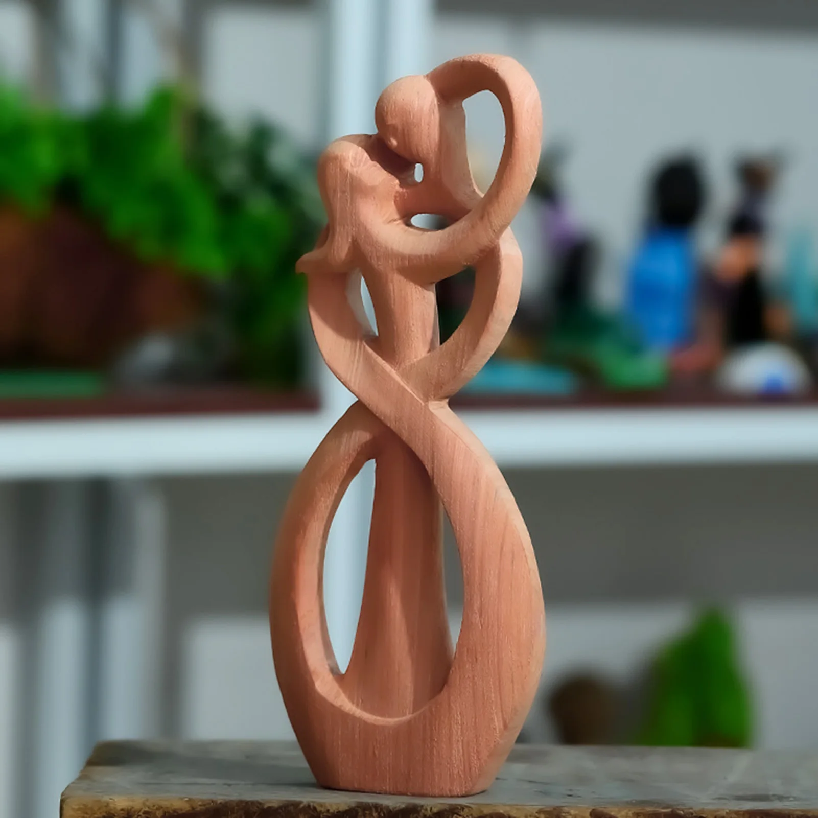 Couple Art Wooden Sculpture Handmade Loves Embrace & Kiss Statue Lovers