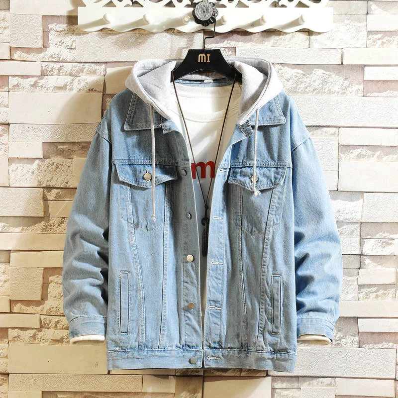 Denim Jacket Men Hooded Casual Men Jean Jackets Streetwear Solid Color Turn Down Collar Denim Coats Men Jacktes Hat Detachable 3