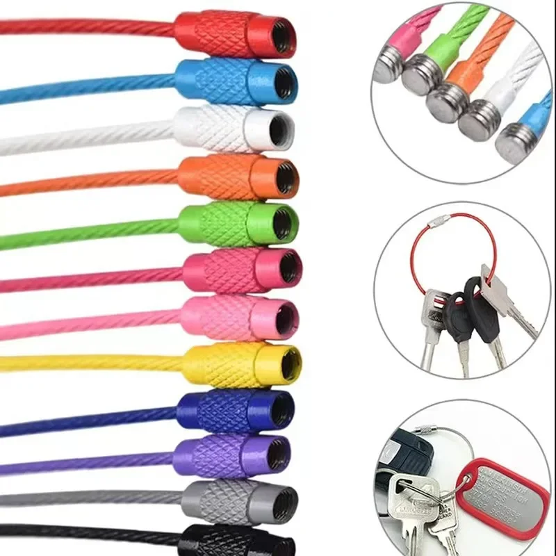 Colorful Stainless Steel Wire Keychain 10pcs Cable Loop Screw Lock Rope Key Holder Keyring Outdoor Tools
