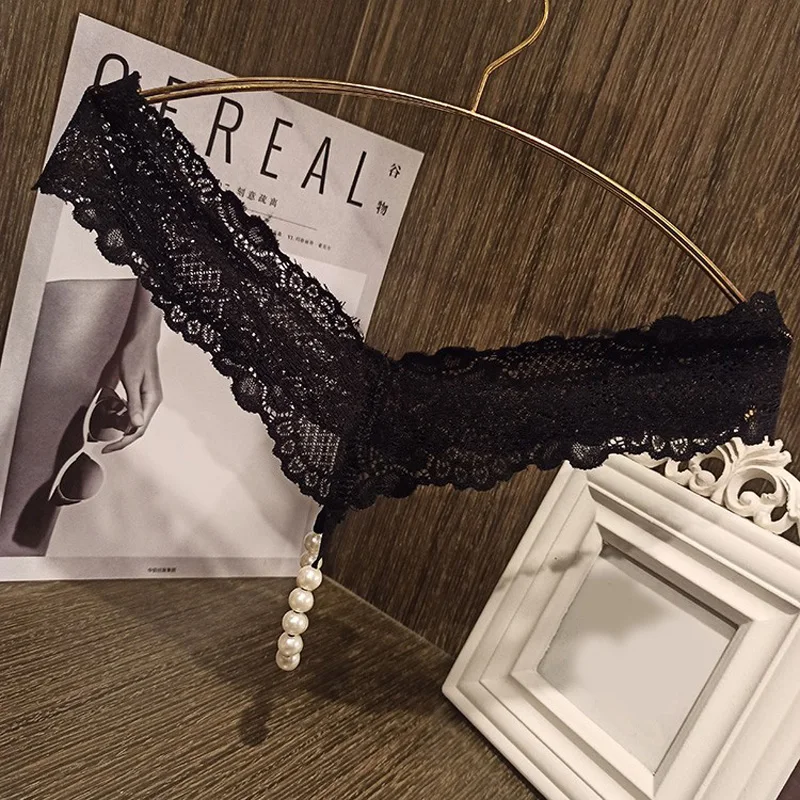 Women Lace Panties Back Bow G String T-back Thong Transparent Lingerie With Pearls