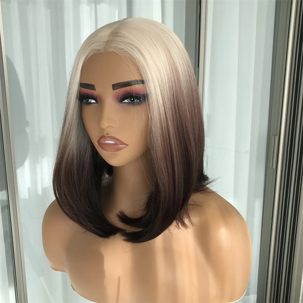 Blond to Brown Short Bob Wear and Go Glueless Wig Synthetic Lace Wigs for Women Pre Cut Pre Plucked 14inch for Daily Use