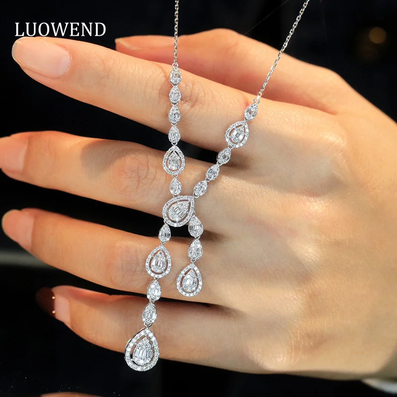 

LUOWEND 18K White Gold Necklace Shiny Y-Shape Water Drop Design 1.75carat Real Natural Diamond Necklace Luxury Women's Jewelry