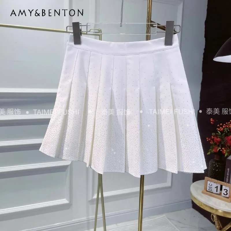 New European Style All-Match Flash Rhinestone Pleated Skirt Popular Fashion Short A-line Slimming High Sweet Four Seasons Skirts fashion rhinestone crystal belts for women wide elastic waist belt stretch dress belt waistband cinturon mujer