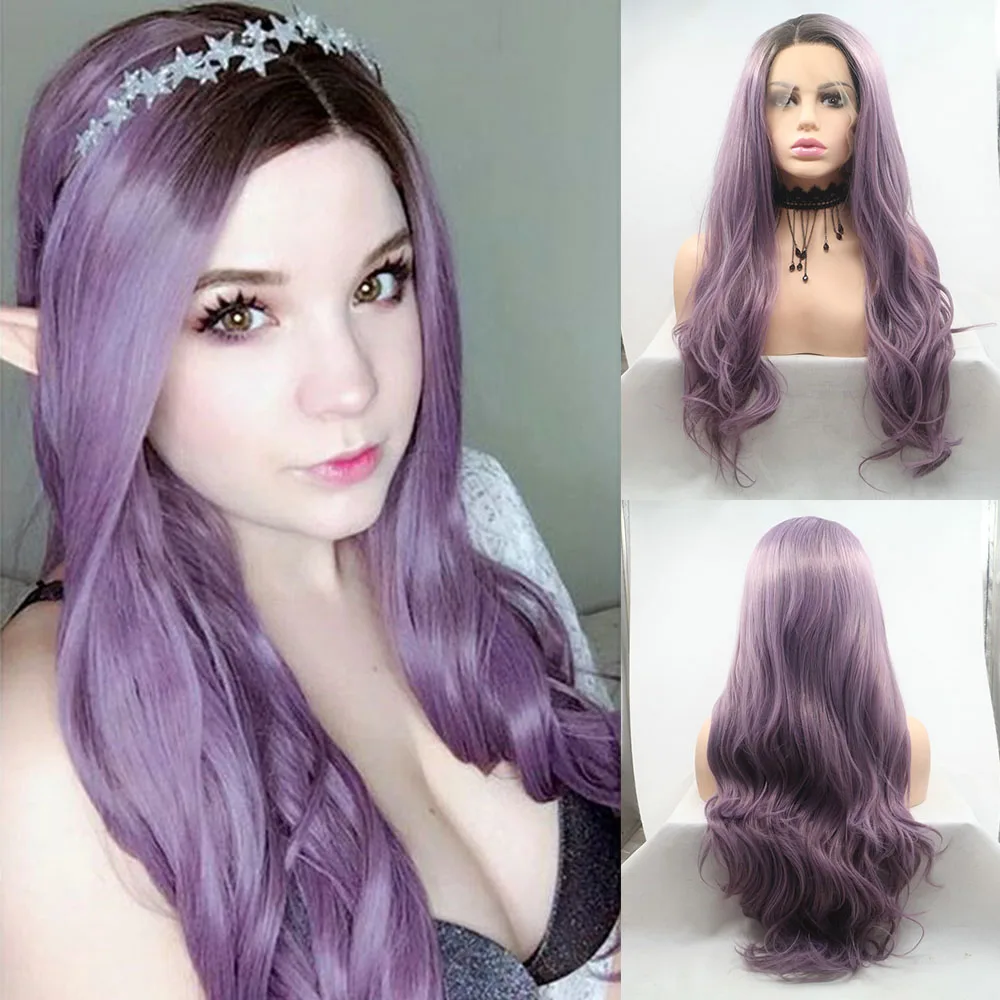 

Sylvia Long Wavy Wig Dark Roots Ombre Purple Hair Synthetic Lace Front Wigs for Women Heat Resistant Fiber Natural Hairline Wigs