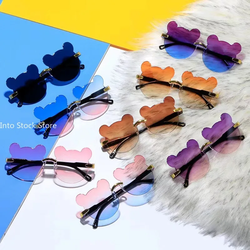 Kids Sunglasses Girls Boys Cartoon Bear Rimless Sunglasses UV400 Children Retro Round Glasses Eyeglass Outdoor Infant Ultraviolet-proof Eyewear children sunglasses