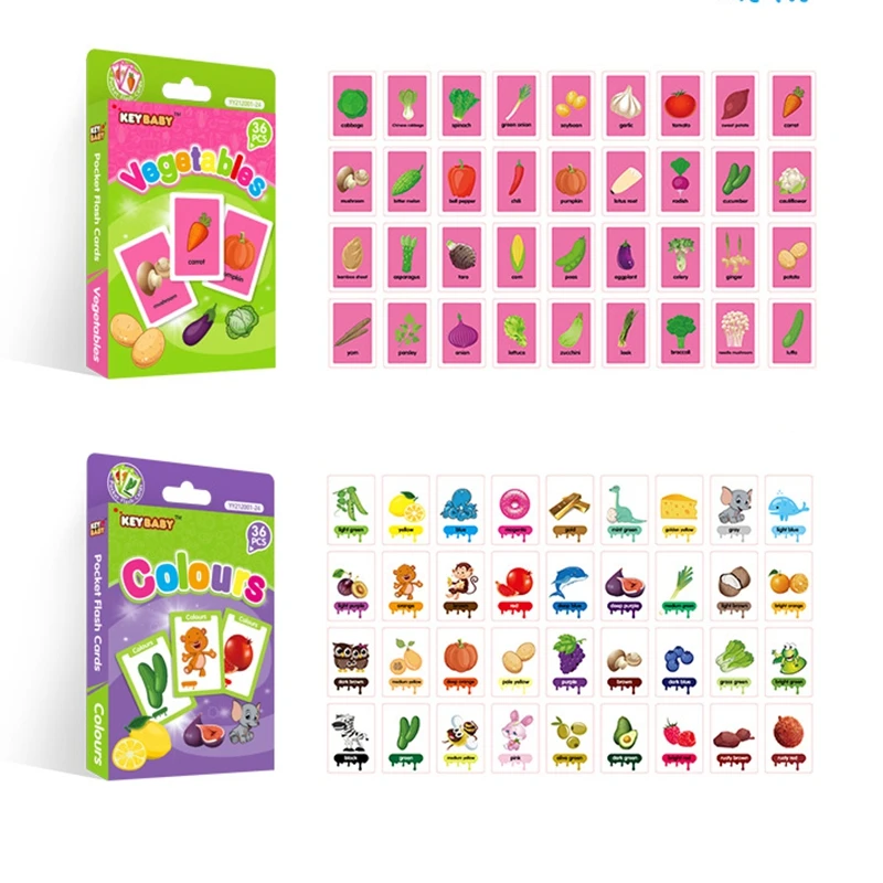 36pcs Children Cognition Cards Animal Color Fruits Double Side Flashcards Montessori Baby Kids Early Educational Toys Gifts 2