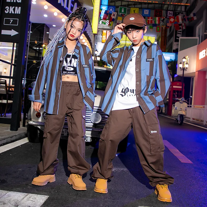 

Boys Cool Hip Hop Clothing Kids Striped Long Sleeve Shirt Cargo Pants Children Jazz Dance Costume Teenager Street Wear 8 10 12 Y