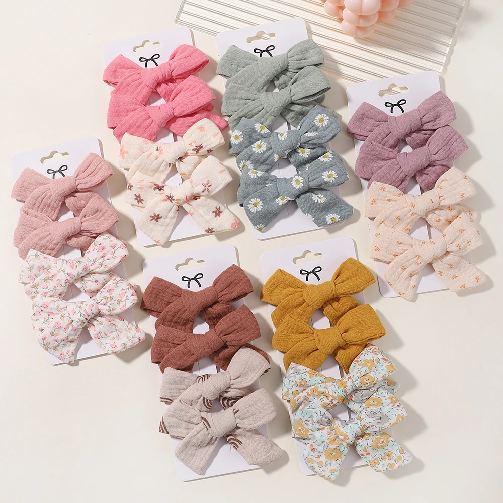 Muslin Baby Girls Bows Hair Clips Hairpins Hairclip 4PCS/Set For Kids Cotton Linen Barrette Flower Print Side Pin Accessories hair clips hair accessories