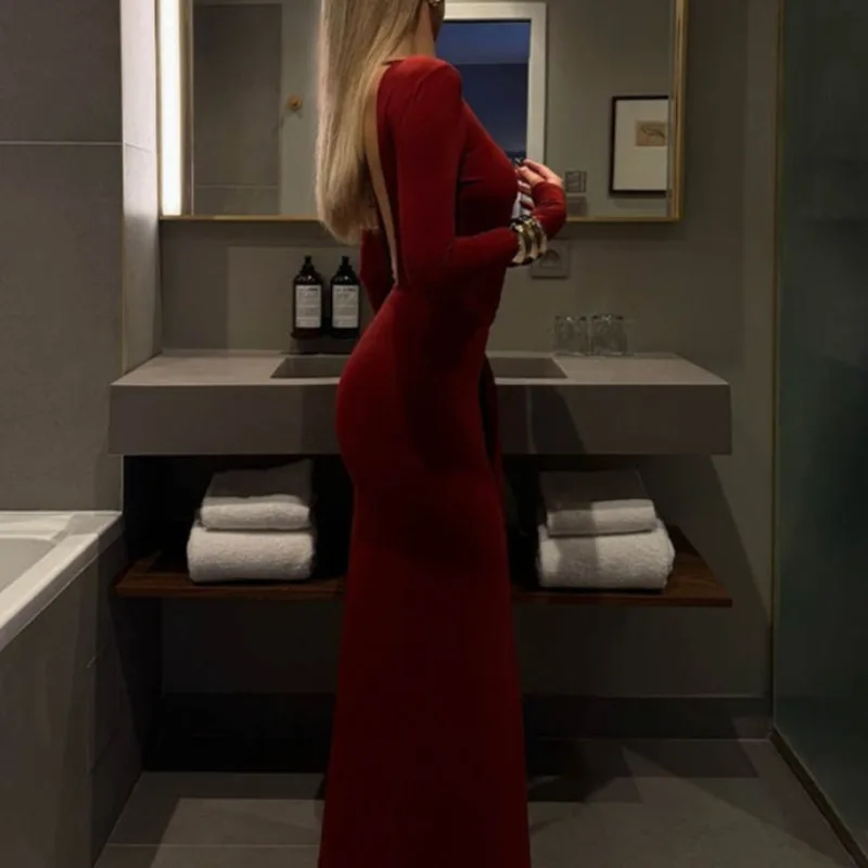 New Fashion Red Women's Round Neck Long-sleeved Backless Slim Dress Elegant Waist Lace-up Solid Color Long Dress Evening Dress