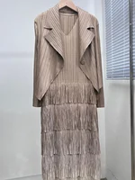 DEAT-معطف نسائي مطوي وفستان شرابة مقسم ، ستايل أنيق ، لون سادة ، قماش فضفاض نسائي ، جديد ، خريف ، 15KB4703 ، طقم 2 قطعة ، 2023 1