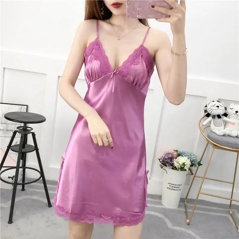 Women Nightgowns Women's Satin Nightgown Silk Sleeveless Dress V Neck Sexy Nightwear Lace Sleepwear Summer Lingerie