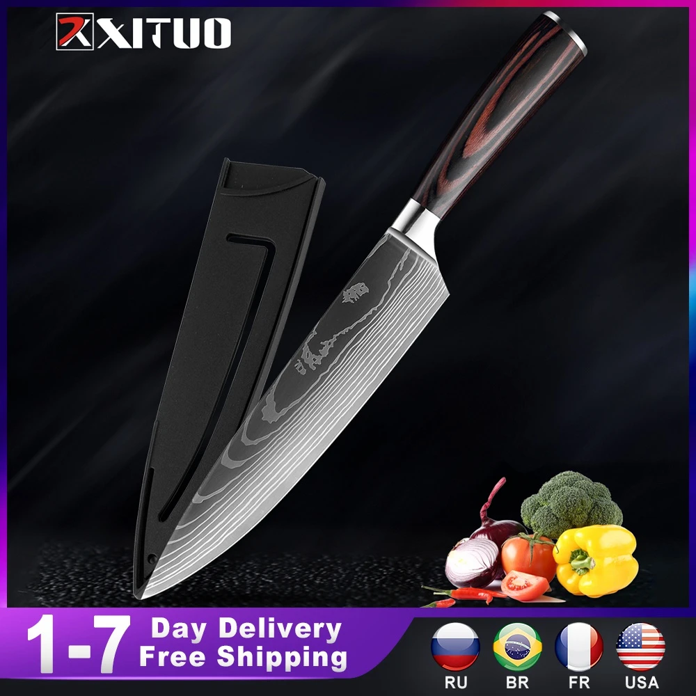 High Quality 440c German Kitchen Knife Damascus Laser Pattern Utility