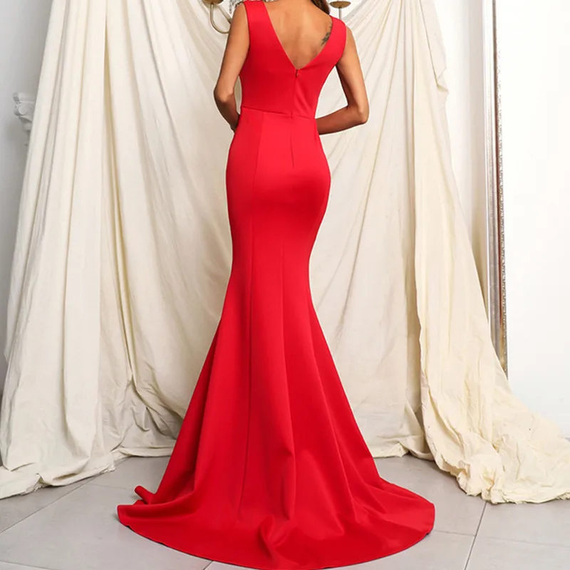 Sexy Mermaid V-Neck Prom Dresses Red Elegant Satin 2022 Party Evening Gown Zipper Back Sleeveless Vestidos De Noche rose gold prom dress