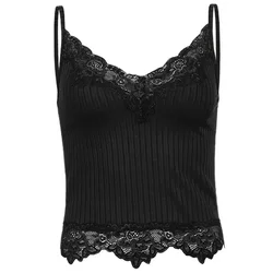 Gothic Lace Patchwork V - Neck Crop Top - Brown Retro Summer Camisole - M (Black - J1)