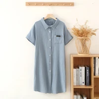 2026 New Summer Sleeping Dress 100% Cotton Crepe Short Sleeve Skirt Shirt Dress Women's Button Long Dress Home Casual Dress - Image 4