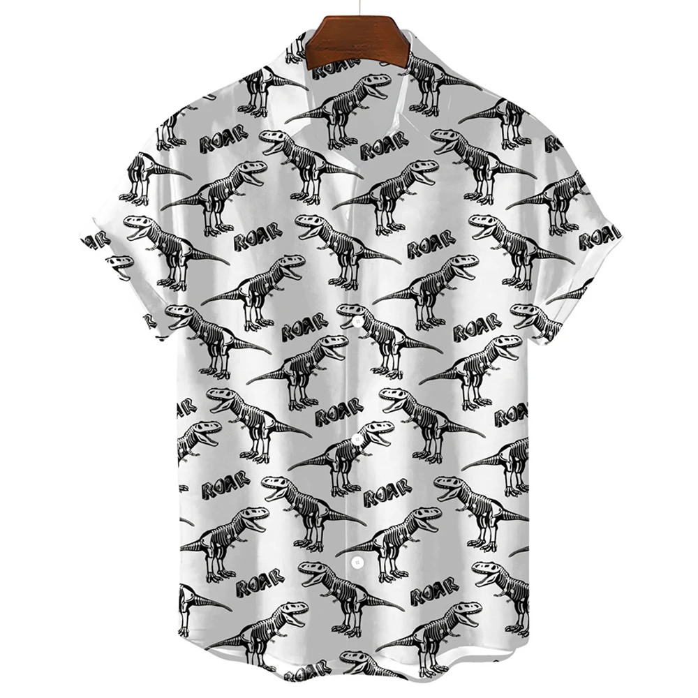 Black And White Simple Men's Shirt Cute Dinosaur Print Men's Clothing Lapel Oversized Short Sleeve Shirt Fashion Street Tops 3
