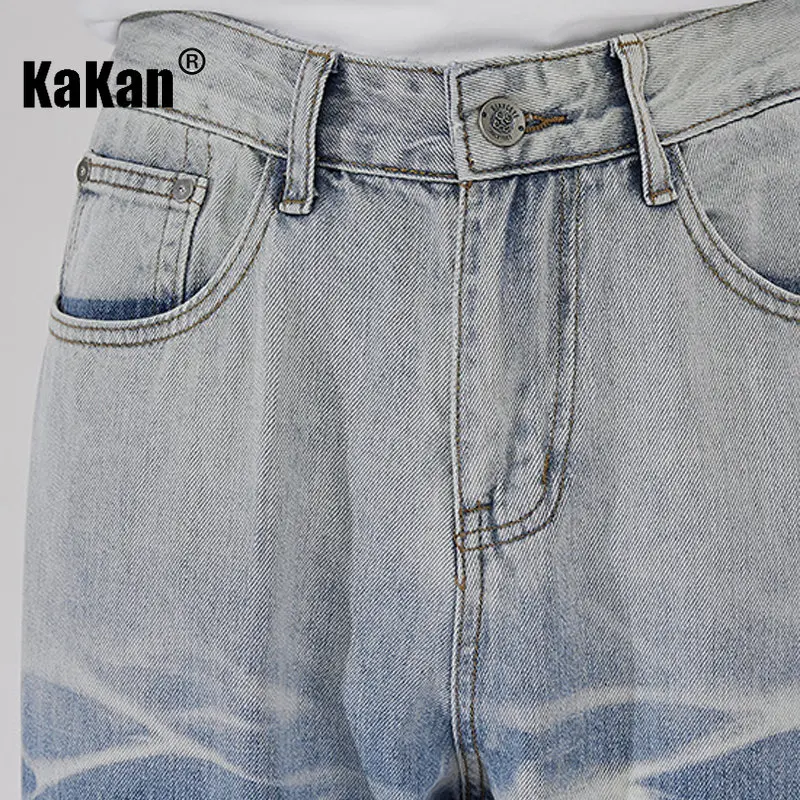 Kakan - New Men's Water Ripple Print Gradual Made Old Jeans, European and American Straight Loose Length Jeans K24-0013