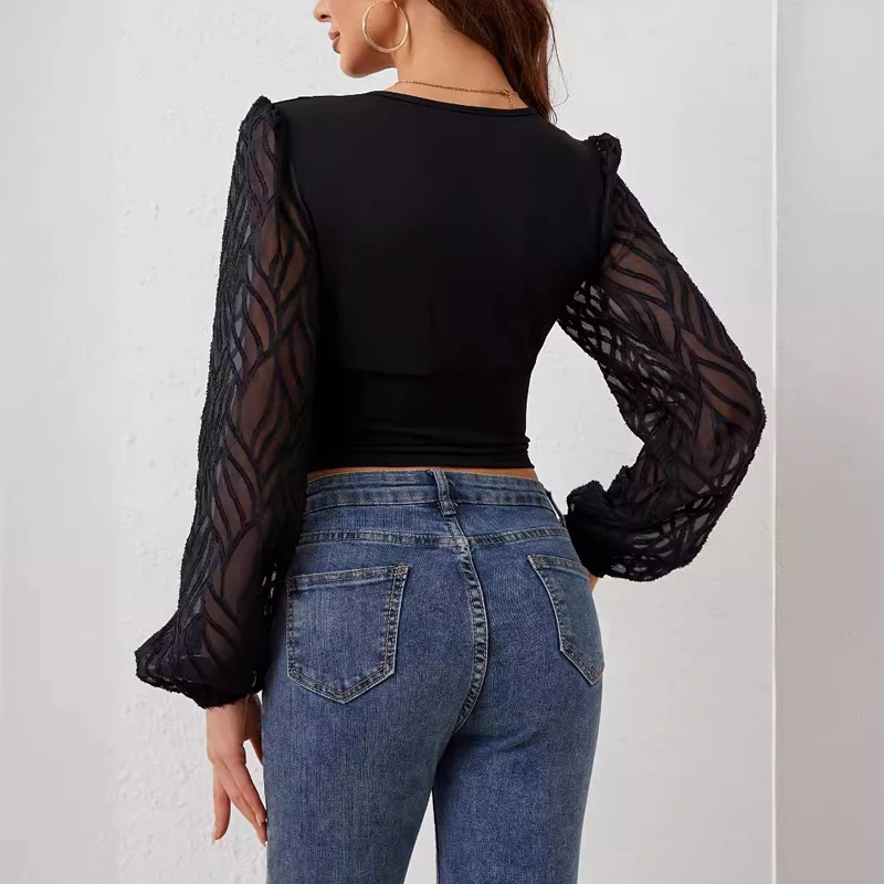 Spring and Summer New Women's V-neck Button-down Lantern Sleeve Shirt Fashionable Retro Hollow Office Casual Blouse Waist Top