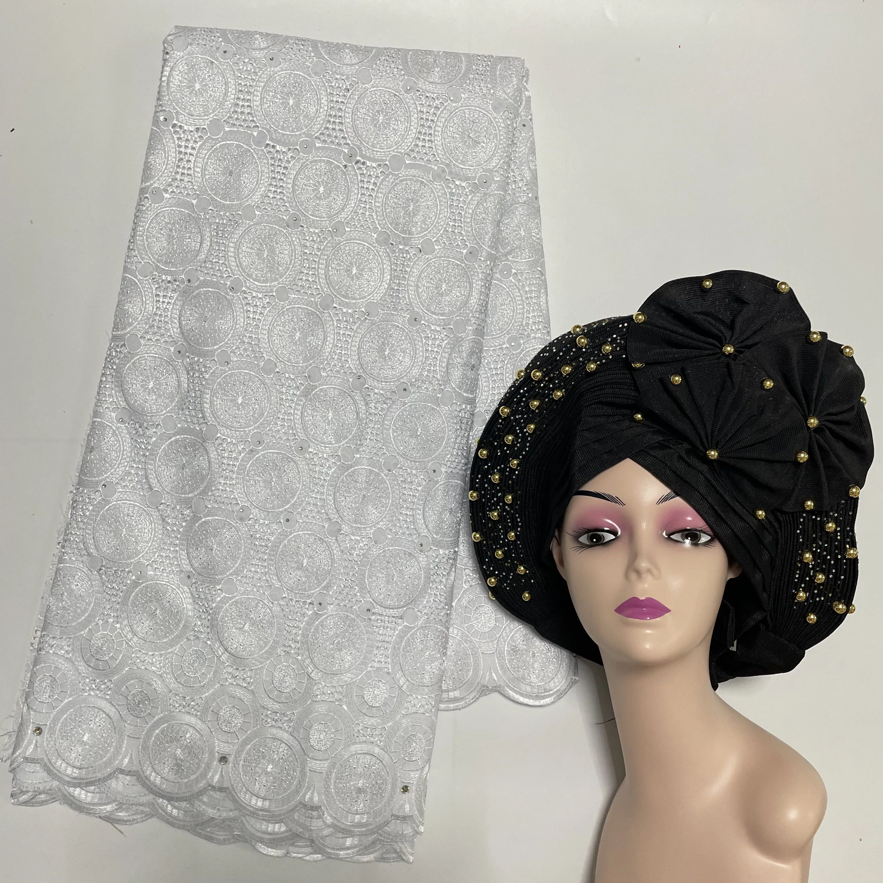

2024 African Swiss Embroidery Cotton Lace Fabrics 5Yards Matching With Nigerian Aso Oke Auto Gele Headtie Hair Tie Scarfs Caps
