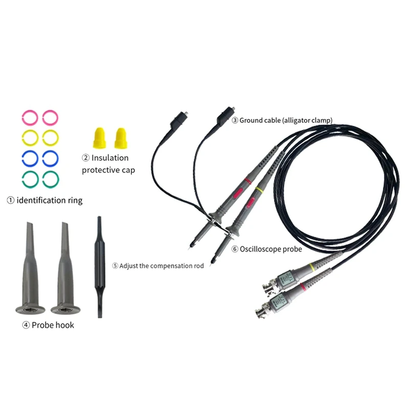 2 Pack Universal P6100 Oscilloscope Probes 100Mhz, Oscilloscope Clip Probes 1X 10X With Replacement Parts Accessories