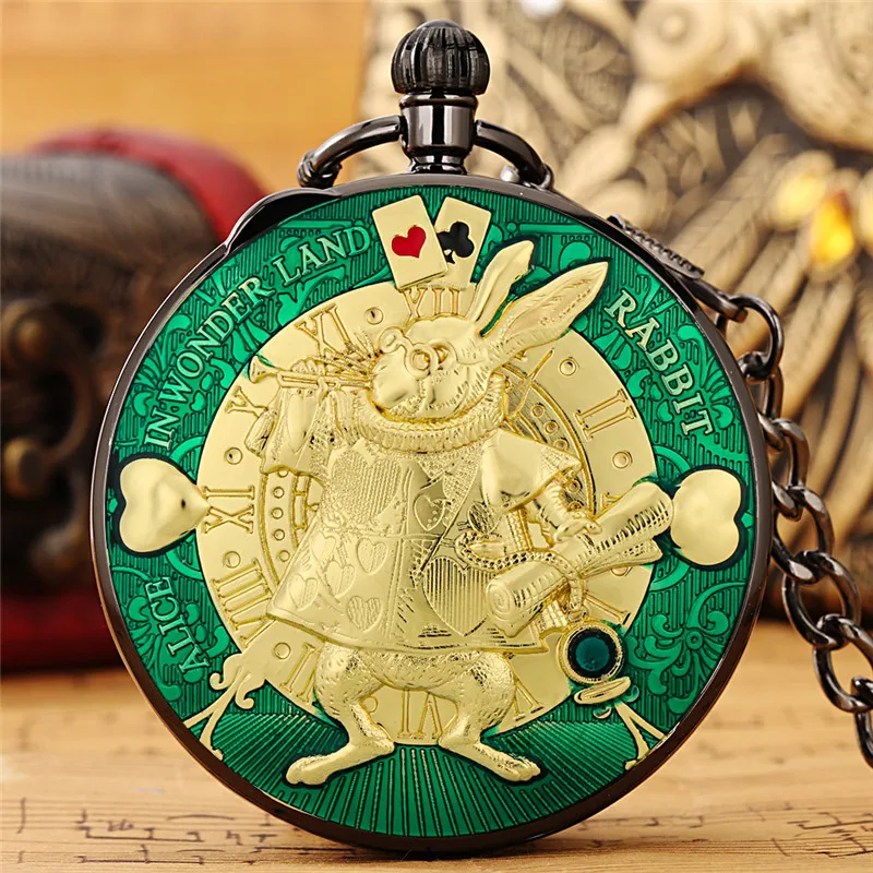 Vintage Style Pocket Watch with Song Men Women Musical Quartz Analog Clock Golden Rabbit with Trumpet Necklace Pendant Chain