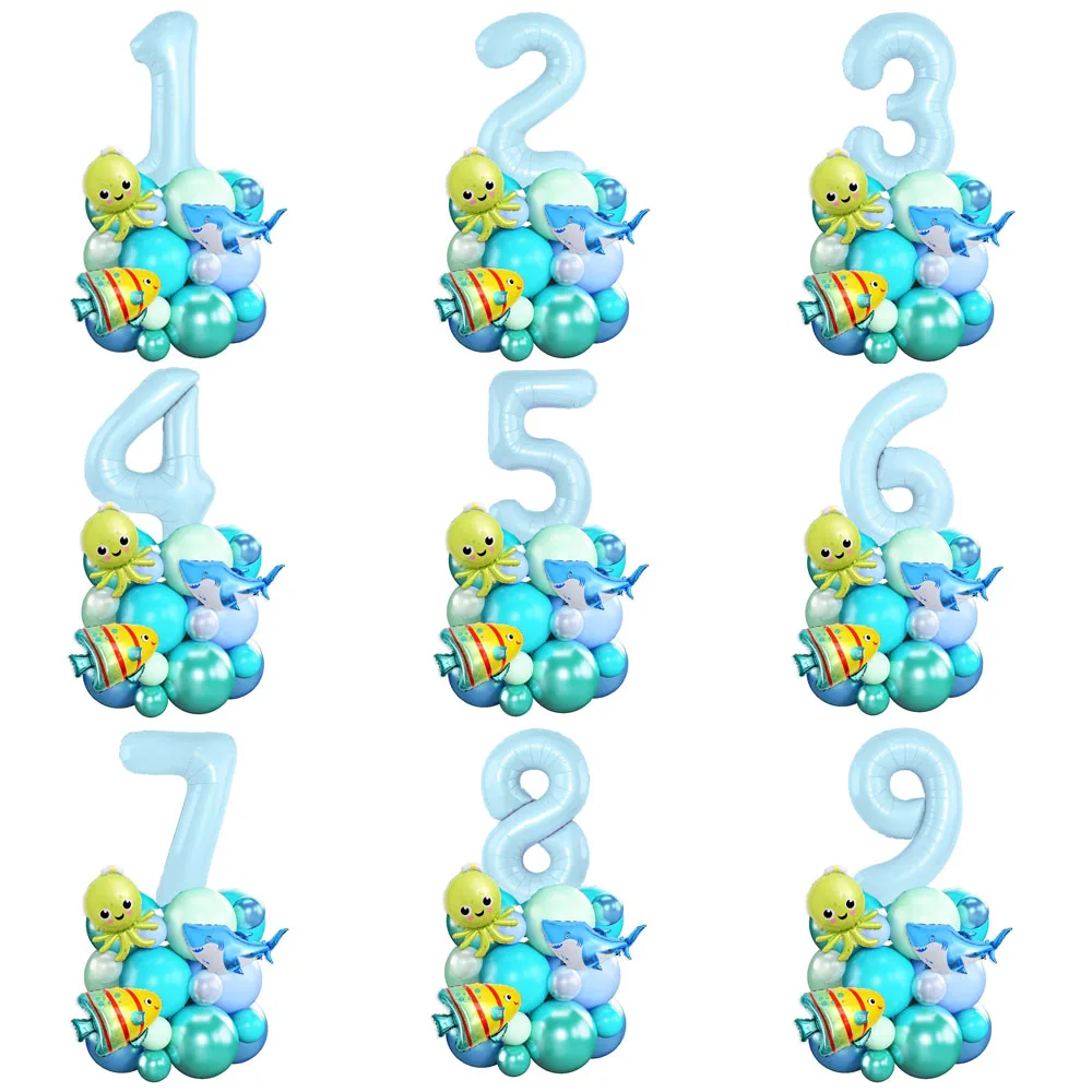 바다 밑 바다 세계 동물 풍선, 파란색 숫자 풍선, 바다 파티 테마, 어린이 생일 파티 장식, 베이비 샤워, 28 개