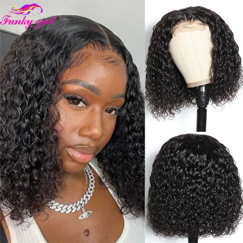 

Short Curly Bob Wig Water Wave Human Hair Wigs Remy Brazilian 13x1 4x1 Bob T Part Lace Wig For Women Natural Black 180% Density