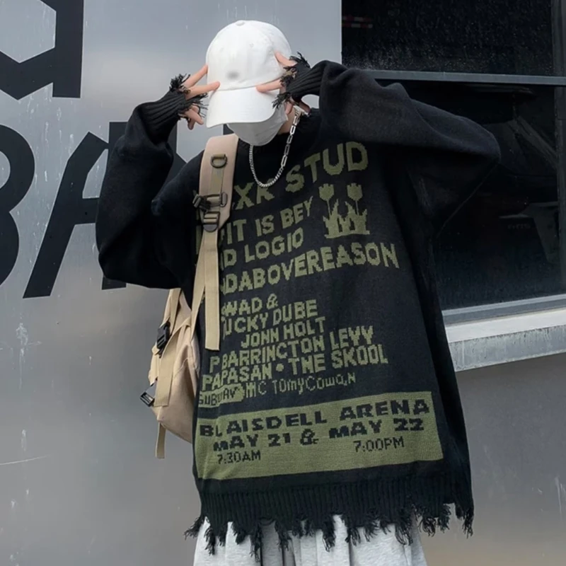 

Long Sleeve Oversized Loose Sweater for Men Streetwear Vintage Letters Jacquard Harajuku Ripped Pullover Jumper Shirts N2UE