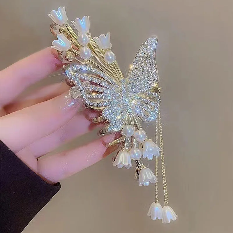 

Luxury Butterfly Tassel Hair Clips for Women Rhinestones Pearl Flower Hair Claws for Girls Elegant Temperament Hair Accessoires