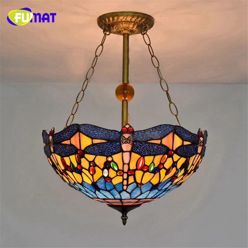 

FUMAT Pendant Lamp Tiffany Stained Glass Handmade Shade Led Pendent Light Dragonfly Grape Hanging Ceiling Lighting Fixture Light