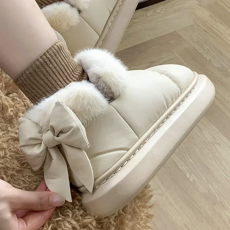 Winter short boots cute bow warm padded snow boots men and women creative new waterproof down outdoor snow season