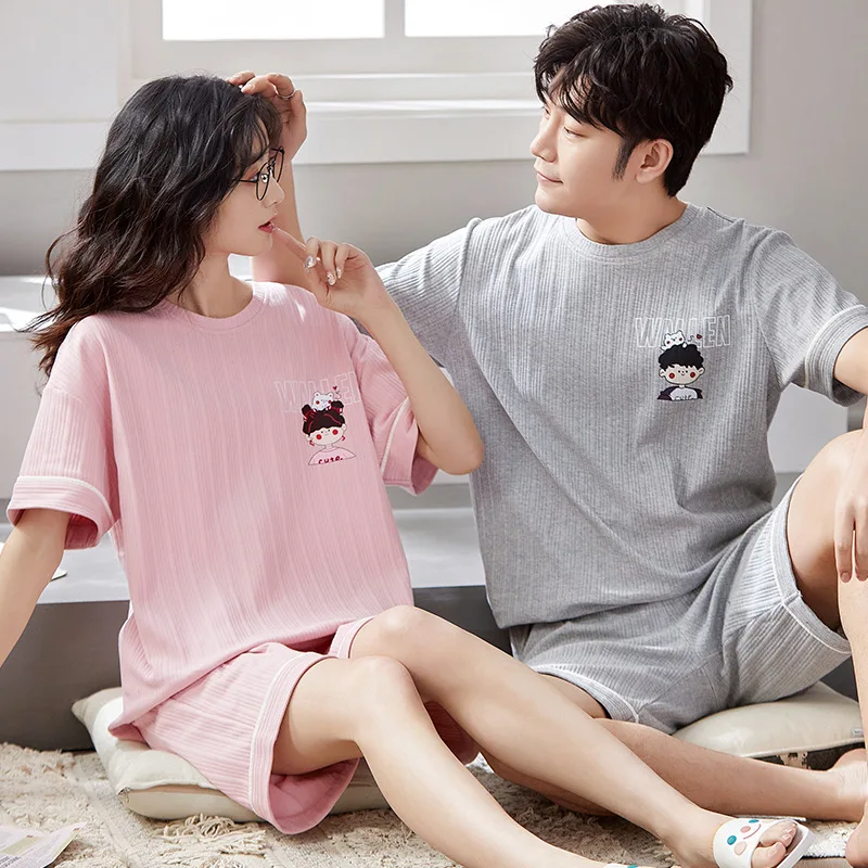 Summer Cotton Sleepwear Couples Short Sleep Tops & Pants Women's Pajamas Set Men Cartoon Nightwear Casual Loungewear