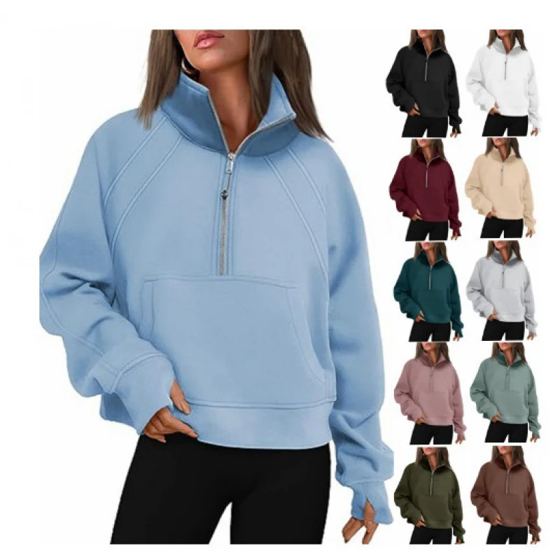 

2024 Autumn Winter Half Zip Short Standing Neck Thumb Hole Plush Women Sweater Loose Fitting Ladies Clothing Cotton Sports Top