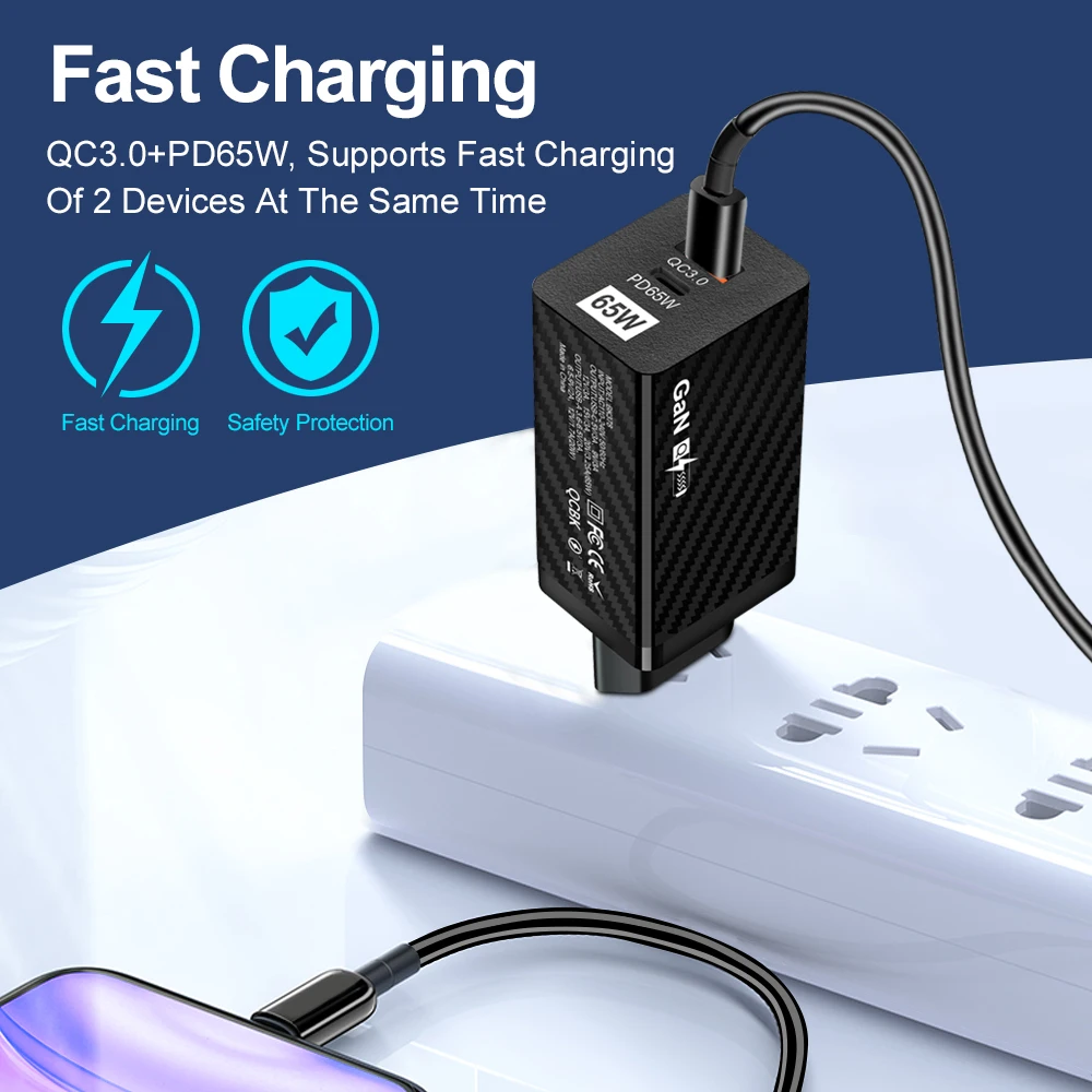 GAN 65W USB Type C Charger QC3.0 Fast Charging 2 Port EU/US Plug Wall Charger Adapter For iPhone Pro Huawei Xiaomi Redmi Samsung