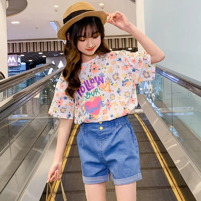 

Korean Children's Clothing 2023 Summer Teenager Girl Top Elementary Girl T-Shirt Kid Clothes Junior Girl Print Kids T-Shirt