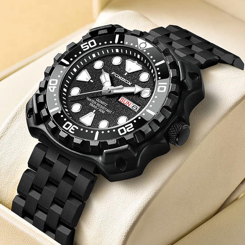 FOXBOX New Men's Watches Top Luxury Quartz  Watch For Men Luminous Chronograph Stainless Steel Waterproof Watches reloj hombre
