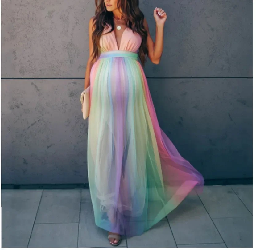 

Women Maternity Dress for Photoshoot Tulle Elastic Ruffle Sleeveless Gown Maxi Wedding Bride Pregnancy Photography Dress