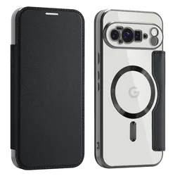 Luxury TPU Flip Card Holder Leather Phone Case with MagSafe Magnetic Wireless Charging Feature - Google Pixel 9 Pro (Black)