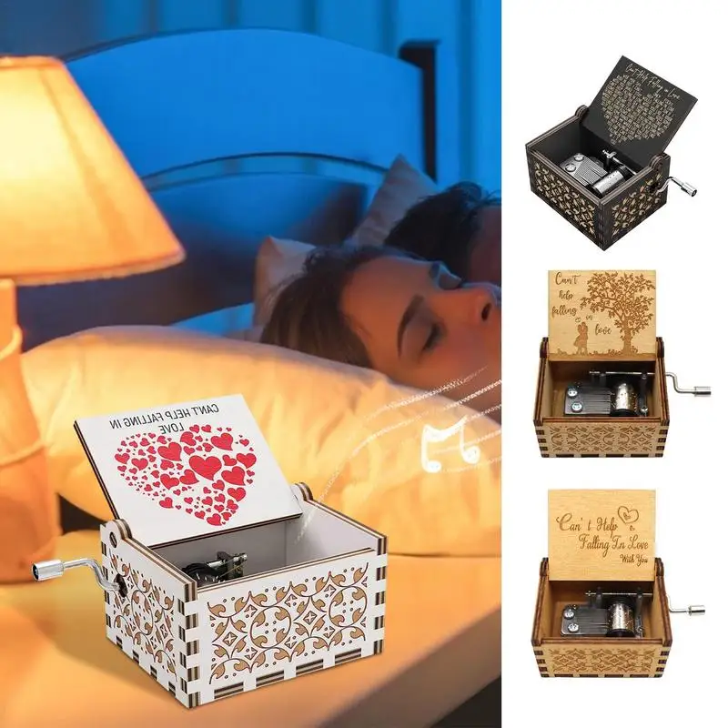 2024 Wooden Engraving Vintage Music Box Hand-Cranked Music Box Girlfriend Wife Can't Help Falling In Love Birthday Presents Gift 5