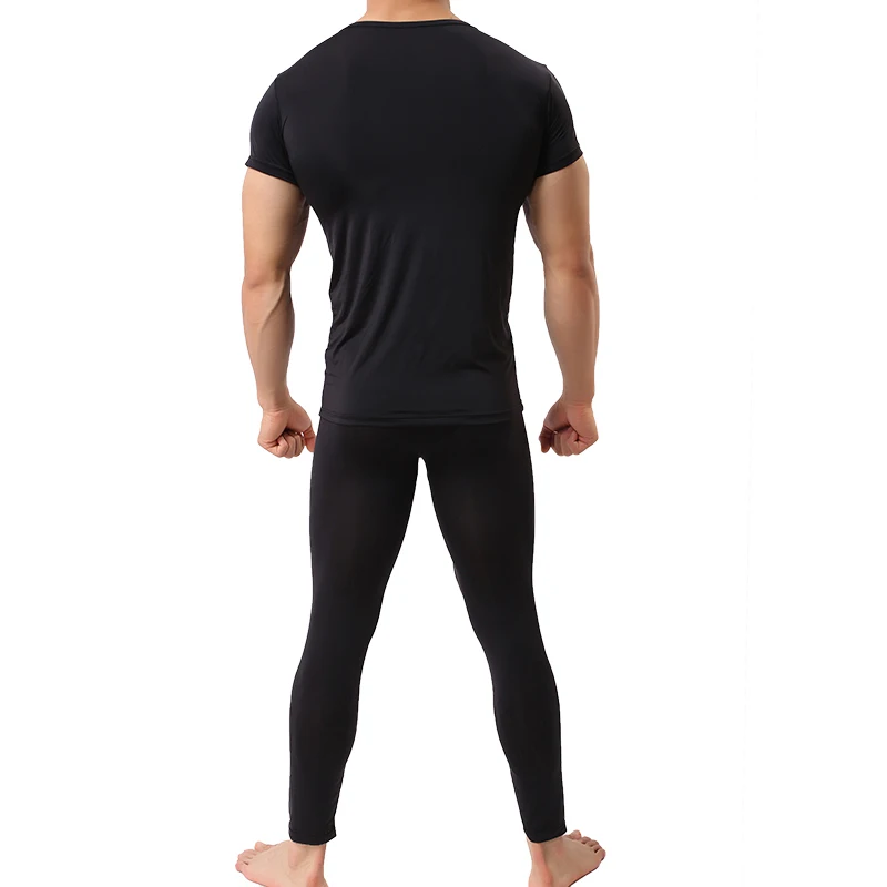 Men Undershirts Sets Ultra-thin Ice Silk Short Sleeve T Shirts Leggings Pants Translucent Tops Tee Trousers Underwear Sleepwear